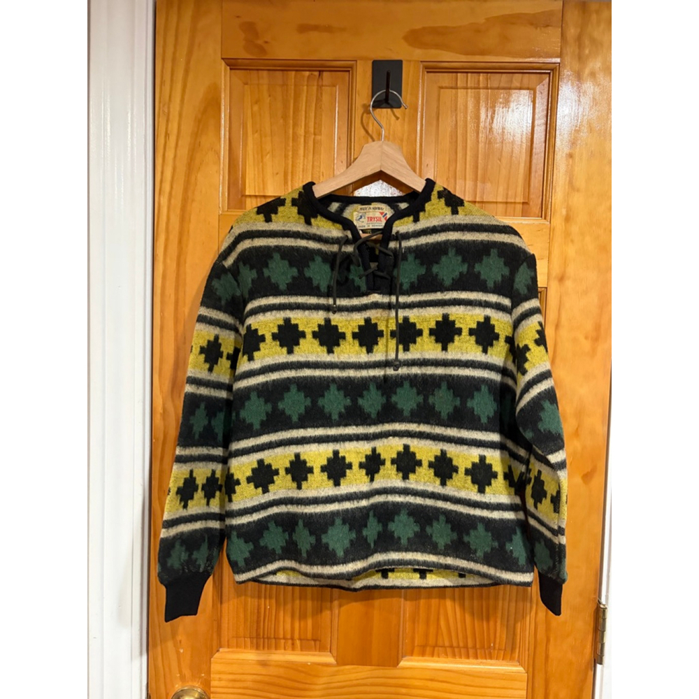Vintage 1960s Trysil Norwegian Wool Anorak Hoodie Nordic Laced Pullover Norway